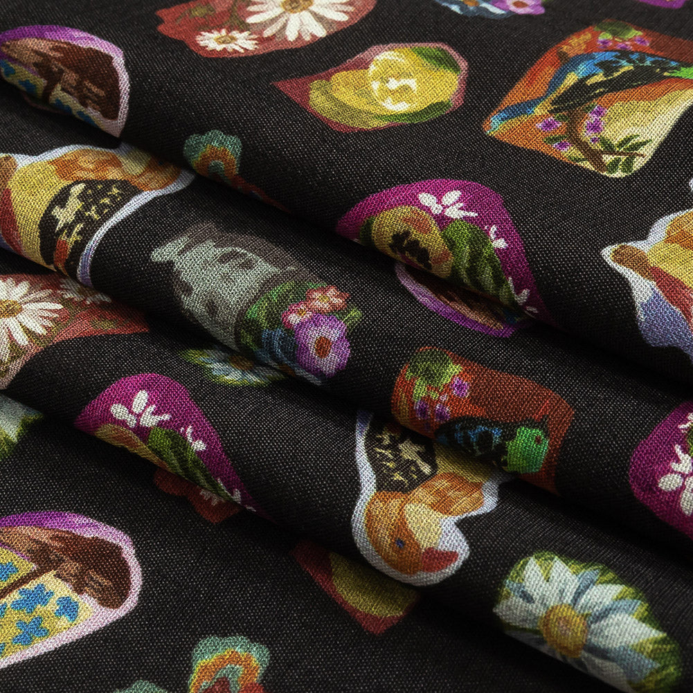 Sustainable Viscose Woven Print - Caviar Black Floral Stickers - Mood Exclusive Sticking Power Folded