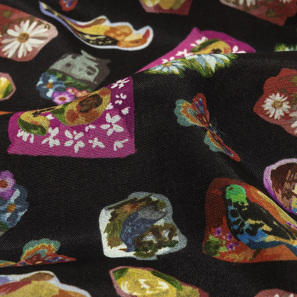 Sustainable Viscose Woven Print - Caviar Black Floral Stickers - Mood Exclusive Sticking Power Detail