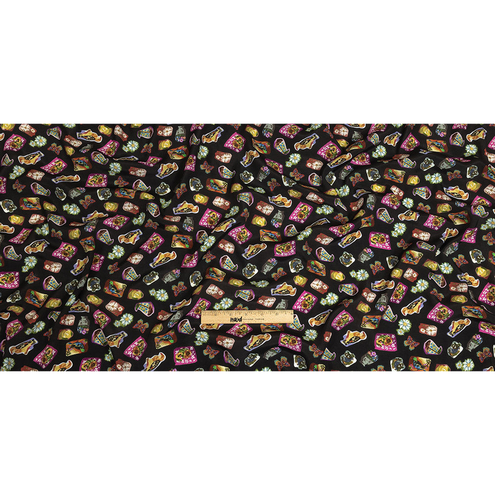 Sustainable Viscose Woven Print - Caviar Black Floral Stickers - Mood Exclusive Sticking Power Full