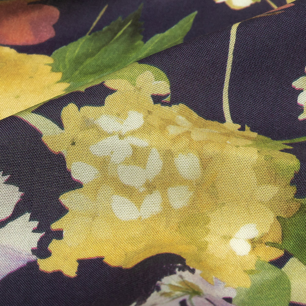 Tencel Woven Print - Navy, Green and Yellow Floral - Mood Exclusive Towards the Tropics Detail