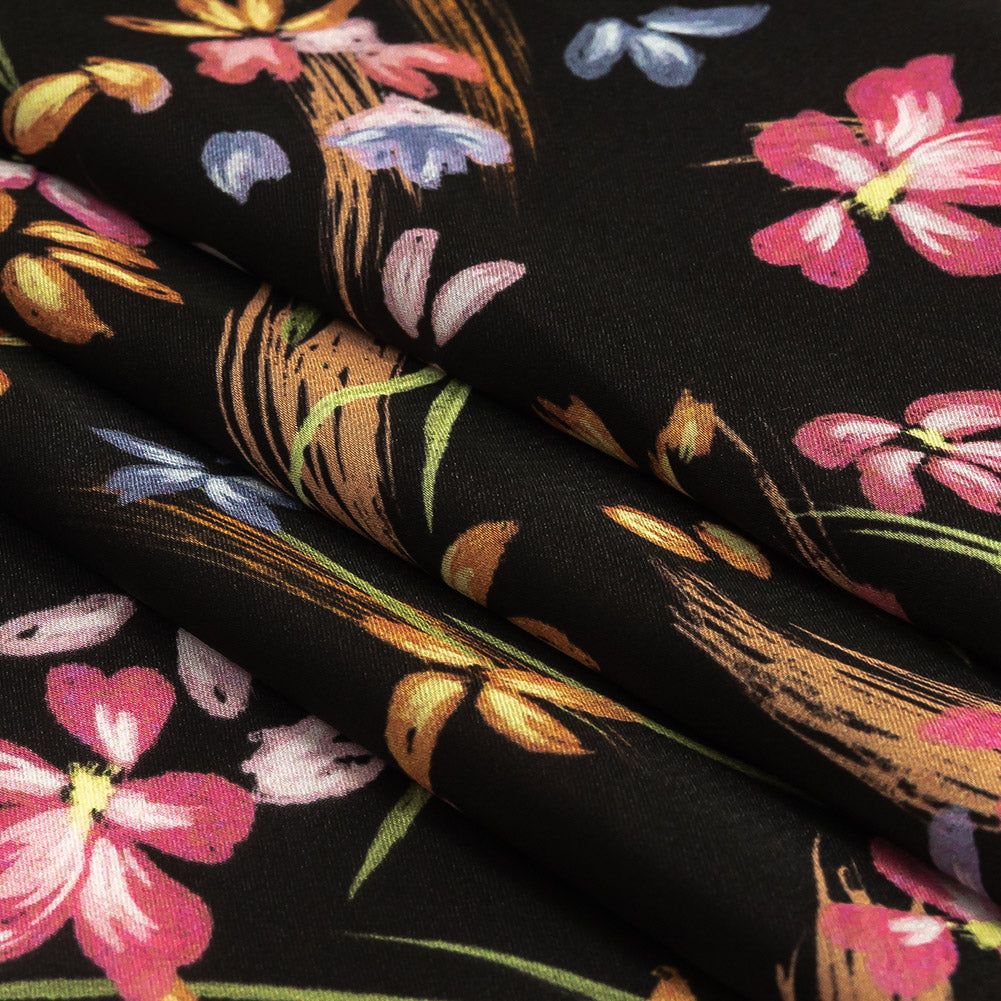 Polyester Charmeuse Print - Black, Pink and Blue Floral - Mood Exclusive In the Wind Folded