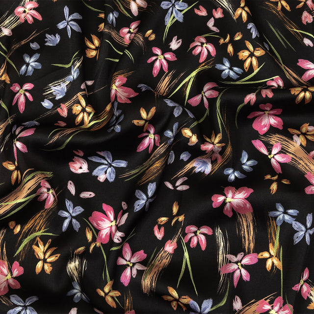 Polyester Charmeuse Print - Black, Pink and Blue Floral - Mood Exclusive In the Wind