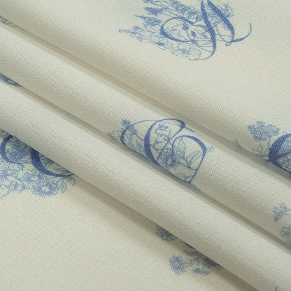 Sustainable Viscose Woven Print - White and Blue Floral Calligraphic Script - Mood Exclusive ABC Bouquet Folded