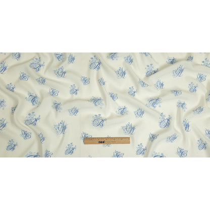 Sustainable Viscose Woven Print - White and Blue Floral Calligraphic Script - Mood Exclusive ABC Bouquet Full