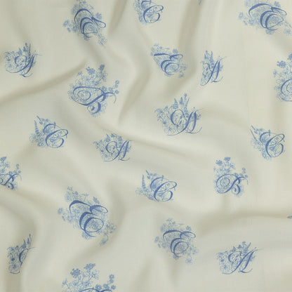 Sustainable Viscose Woven Print - White and Blue Floral Calligraphic Script - Mood Exclusive ABC Bouquet
