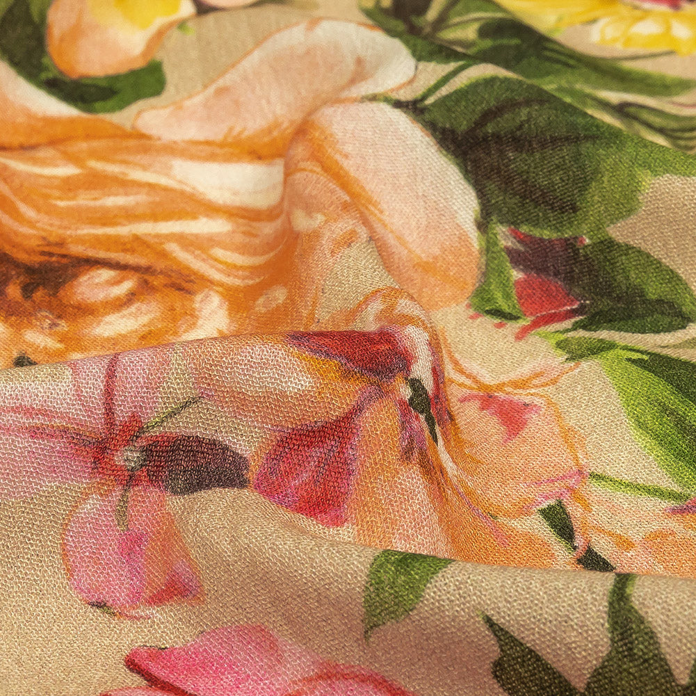 Gauzy Wrinkled Rayon Woven Print - Beige, Pink and Yellow Floral - Mood Exclusive Flower Stand Detail