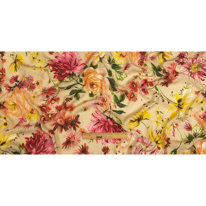 Gauzy Wrinkled Rayon Woven Print - Beige, Pink and Yellow Floral - Mood Exclusive Flower Stand Full