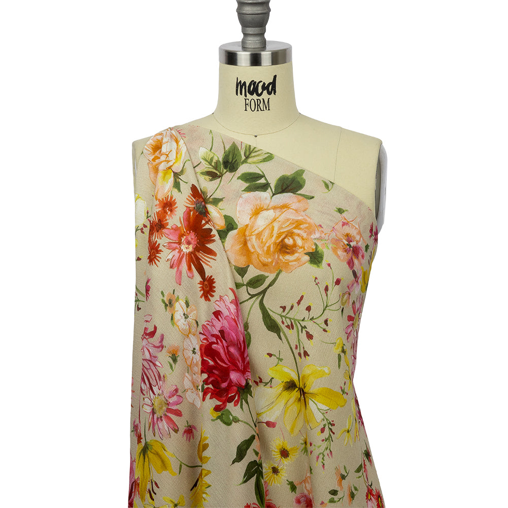 Gauzy Wrinkled Rayon Woven Print - Beige, Pink and Yellow Floral - Mood Exclusive Flower Stand Drape