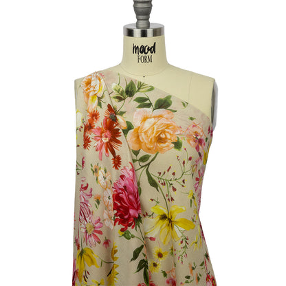 Gauzy Wrinkled Rayon Woven Print - Beige, Pink and Yellow Floral - Mood Exclusive Flower Stand Drape