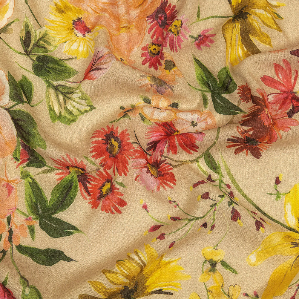 Gauzy Wrinkled Rayon Woven Print - Beige, Pink and Yellow Floral - Mood Exclusive Flower Stand