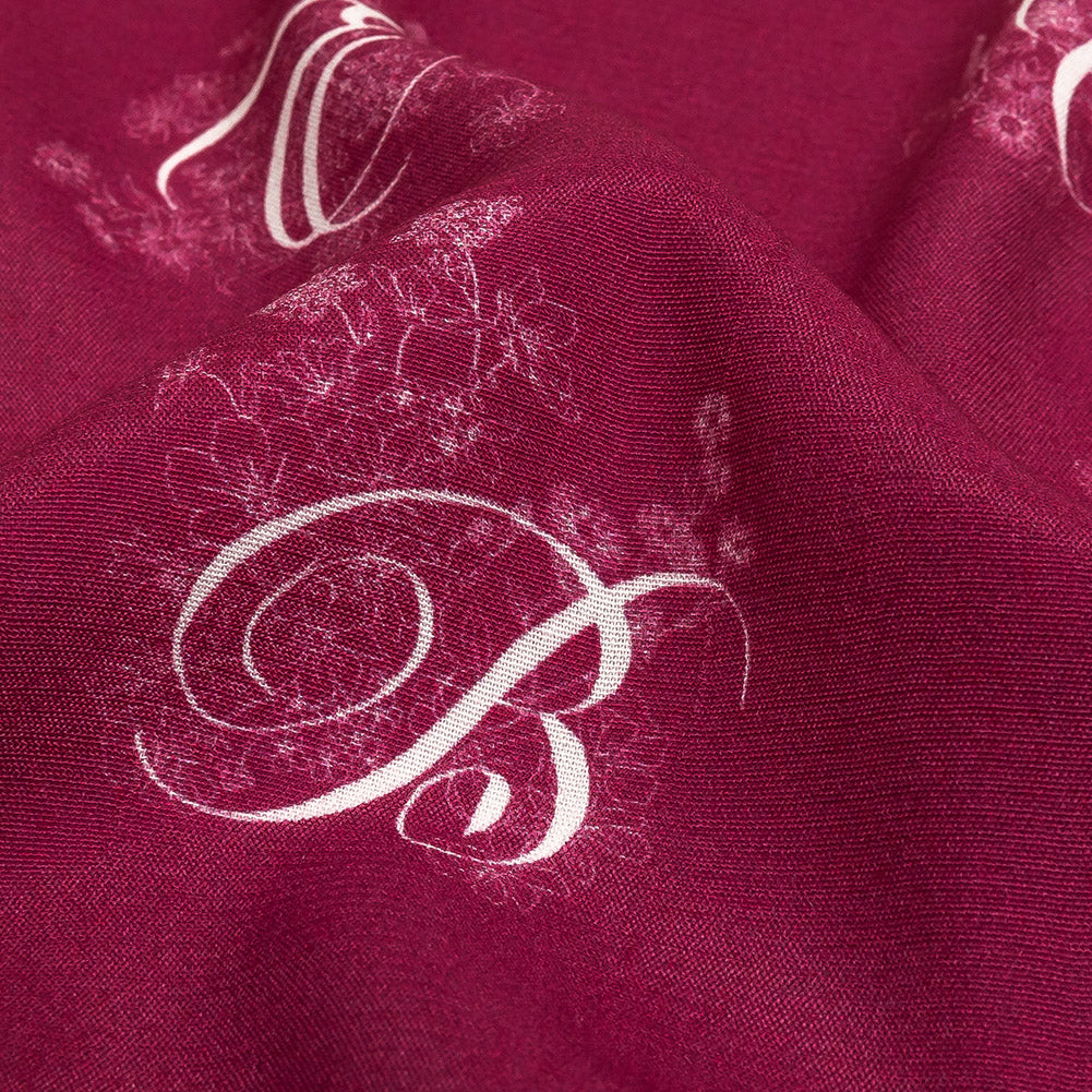 Sustainable Viscose Woven Print - Magenta and White Floral Calligraphic Script - Mood Exclusive ABC Bouquet Detail