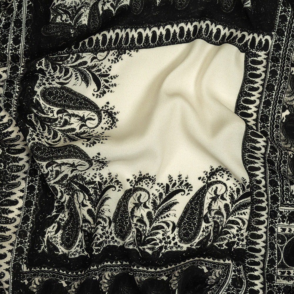 Viscose Crepe Print - Black and Cream Paisley Patches - Mood Exclusive Speak and Enter