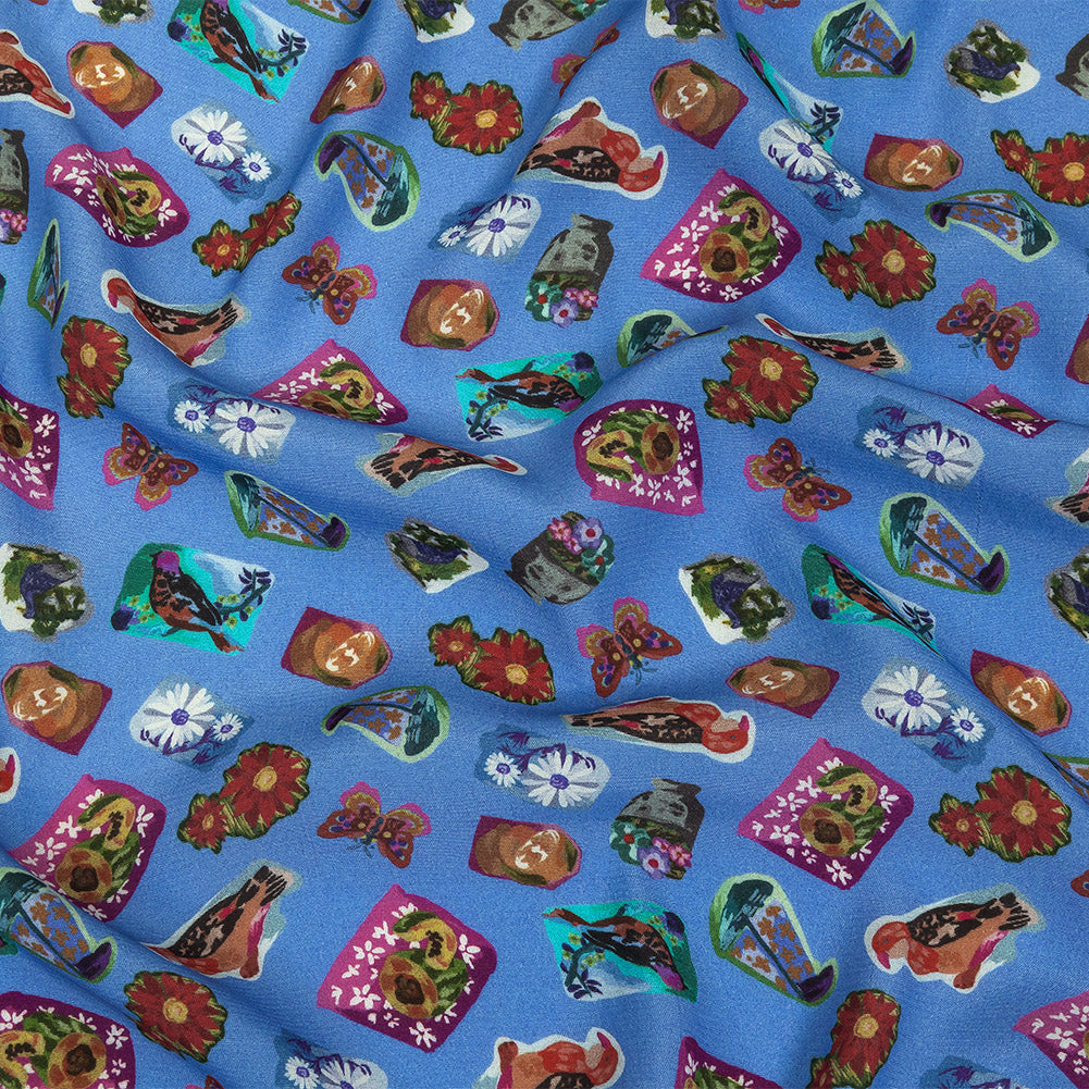 Sustainable Viscose Woven Print - Ultramarine Blue Floral Stickers - Mood Exclusive Sticking Power