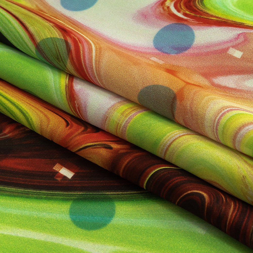 Polyester Charmeuse Print - Lime Green, Pink and Brown Abstract Swirls and Polka Dots - Mood Exclusive Interstellar Folded