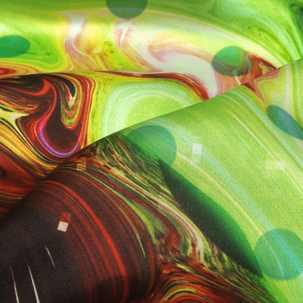 Polyester Charmeuse Print - Lime Green, Pink and Brown Abstract Swirls and Polka Dots - Mood Exclusive Interstellar Detail
