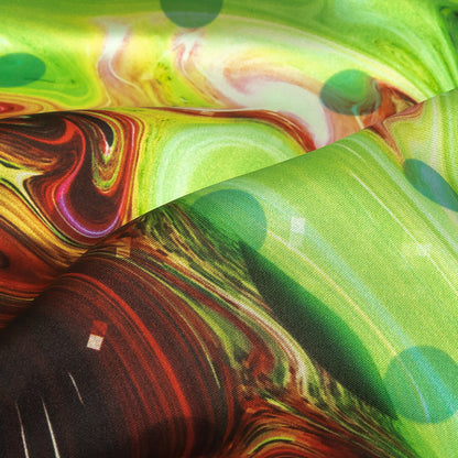 Polyester Charmeuse Print - Lime Green, Pink and Brown Abstract Swirls and Polka Dots - Mood Exclusive Interstellar Detail