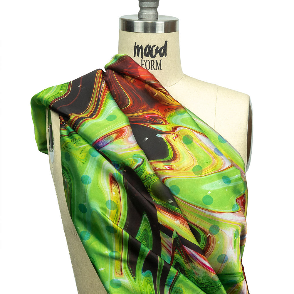Polyester Charmeuse Print - Lime Green, Pink and Brown Abstract Swirls and Polka Dots - Mood Exclusive Interstellar Drape