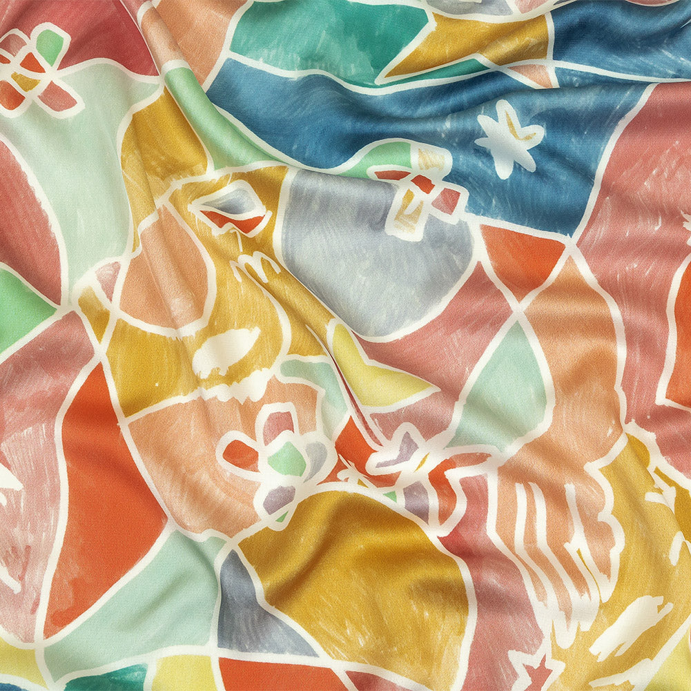 Polyester Charmeuse Print - Pink, Blue and Yellow Abstract - Mood Exclusive Gaudi's Gaze