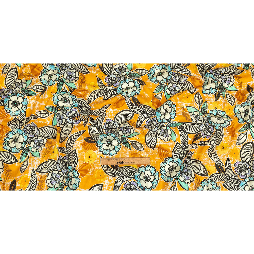 Gauzy Wrinkled Rayon Woven Print - Butterscotch Orange and Blue Floral - Mood Exclusive Blackened Buds Drape