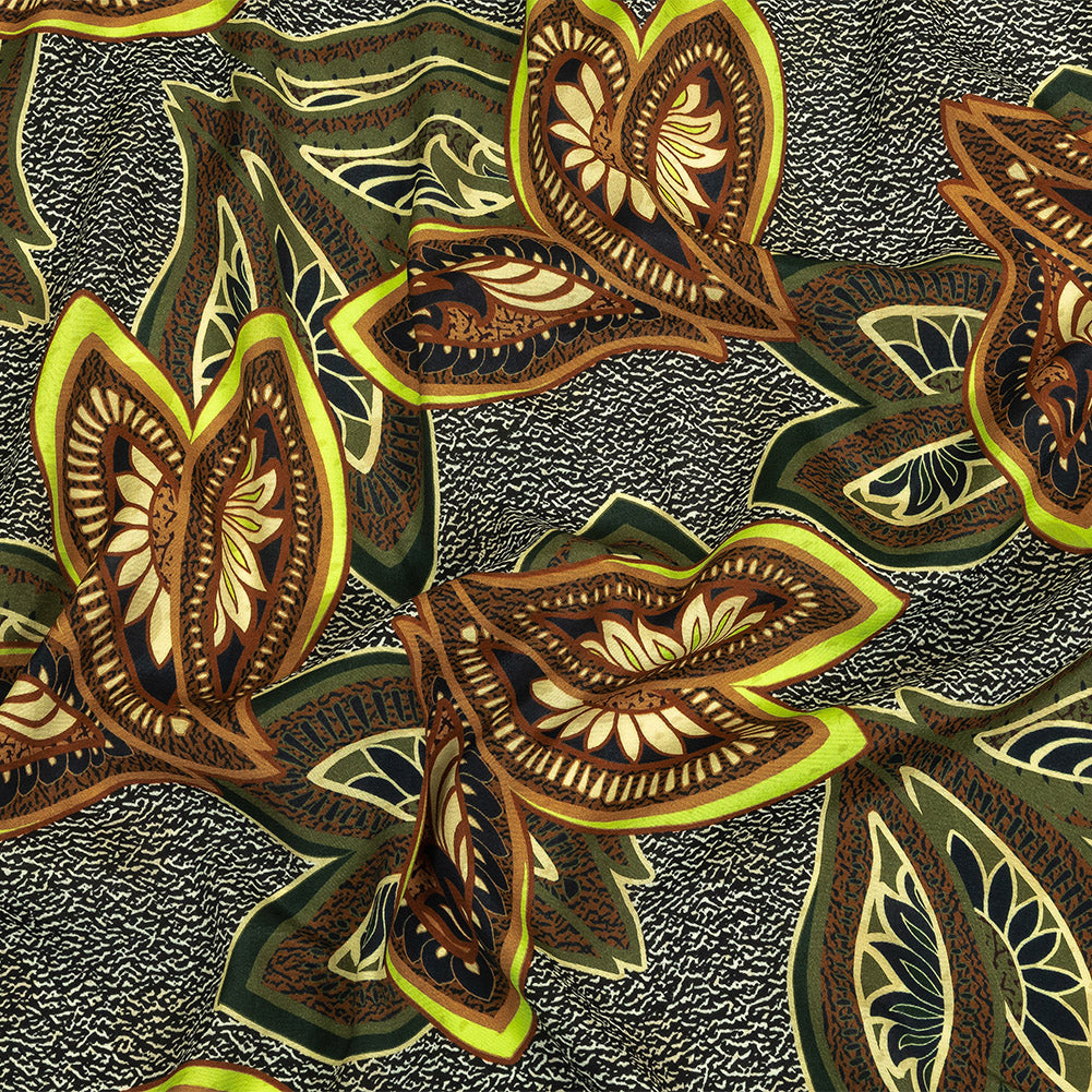 Viscose Crepe Print - Black, Green and Orange Textural Floral - Mood Exclusive Chalkboard Chic