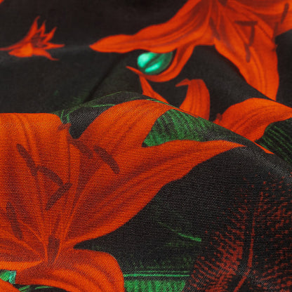 Viscose Crepe Print - Red, Black and Green Floral - Mood Exclusive Luminescent Lilies Detail