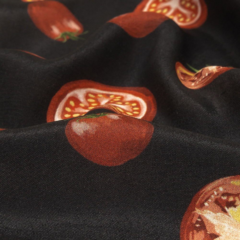 Sustainable Viscose Woven Print - Jet Set Black and Red Tomatoes - Mood Exclusive Homegrown Haute Couture Detail