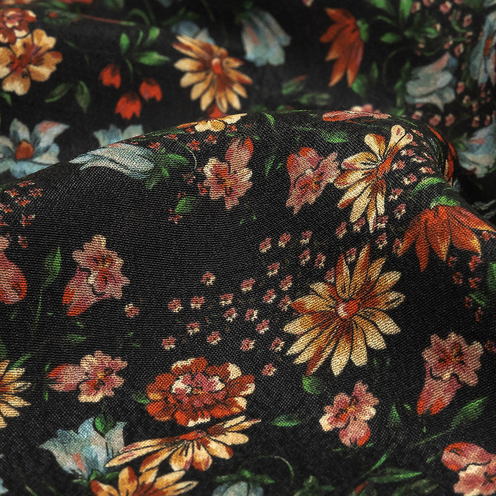 Sustainable Viscose Crepe Print - Black, Light Blue and Yellow Floral - Mood Exclusive Night Air Detail
