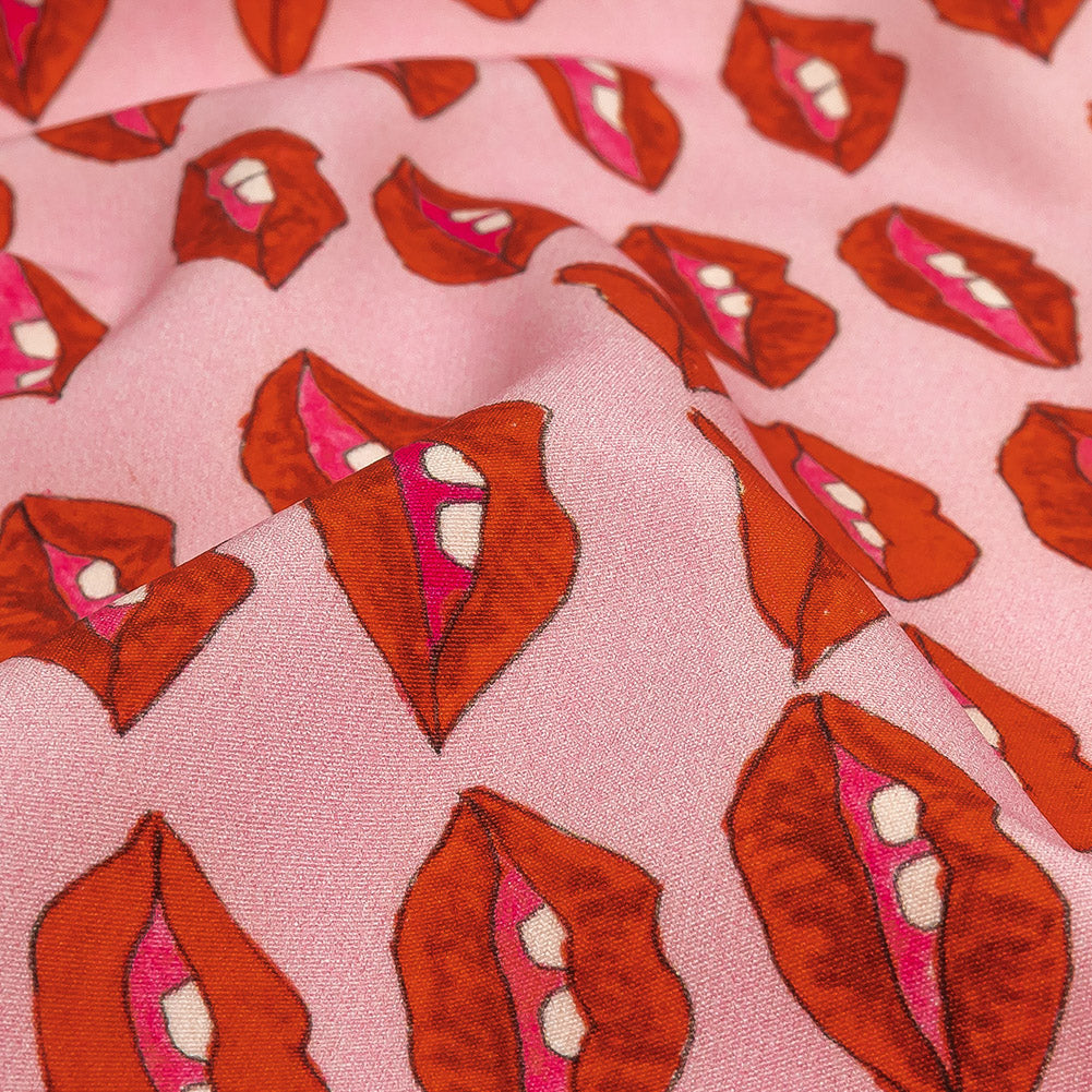 Stretch Polyester Woven Print - Pink and Red Lips - Mood Exclusive Mouthing Off Detail