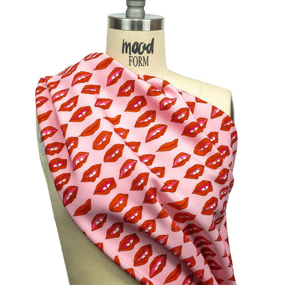 Stretch Polyester Woven Print - Pink and Red Lips - Mood Exclusive Mouthing Off Drape