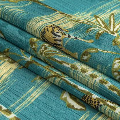 Crinkled Leafy Polyester Jacquard Print - Blue and Green Savannah Cats - Mood Exclusive Cerrado Folded