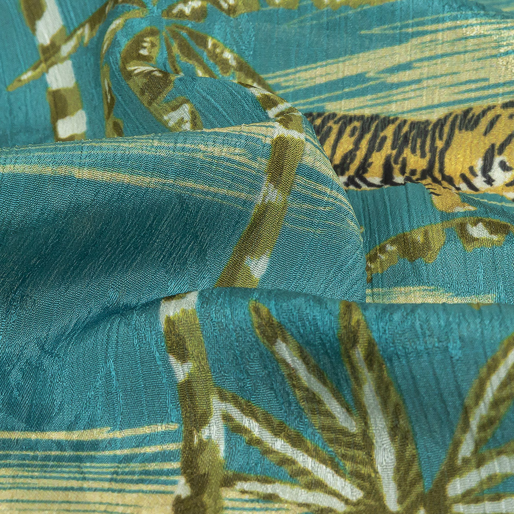 Crinkled Leafy Polyester Jacquard Print - Blue and Green Savannah Cats - Mood Exclusive Cerrado Detail