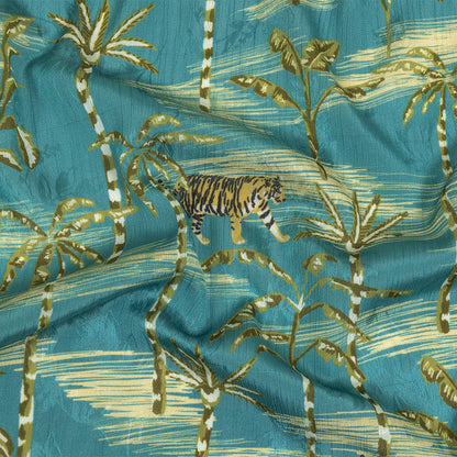 Crinkled Leafy Polyester Jacquard Print - Blue and Green Savannah Cats - Mood Exclusive Cerrado