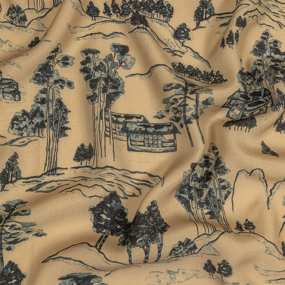 Viscose Twill Print - Smoke Gray and Beige Mountains and Trees - Mood Exclusive Shirakawa-go