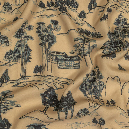 Viscose Twill Print - Smoke Gray and Beige Mountains and Trees - Mood Exclusive Shirakawa-go