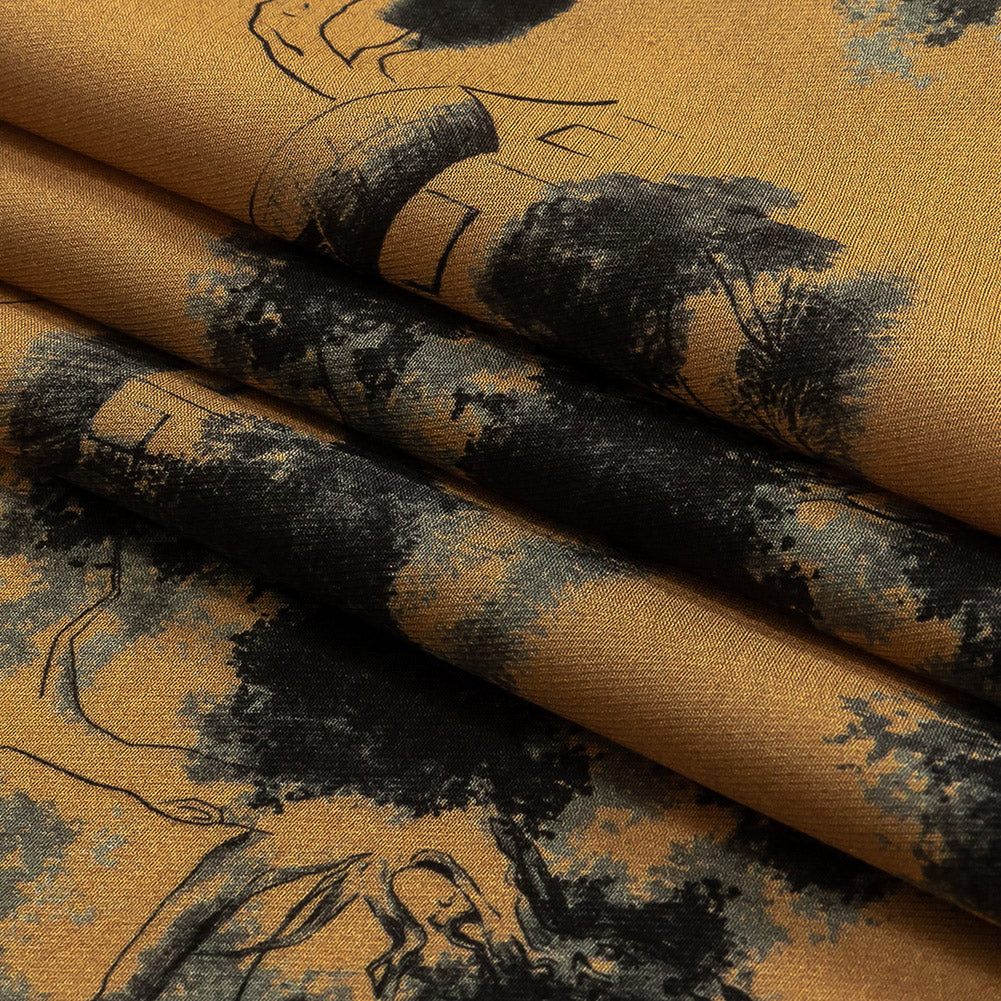 Viscose Twill Print - Tan and Black Trees and Houses - Mood Exclusive Among the Kii Mountains Folded