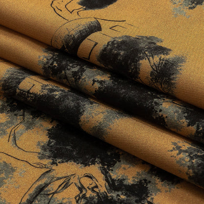 Viscose Twill Print - Tan and Black Trees and Houses - Mood Exclusive Among the Kii Mountains Folded