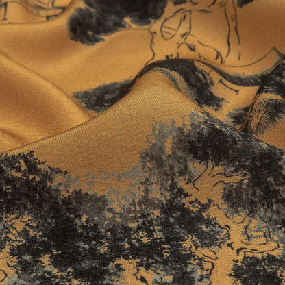 Viscose Twill Print - Tan and Black Trees and Houses - Mood Exclusive Among the Kii Mountains Detail