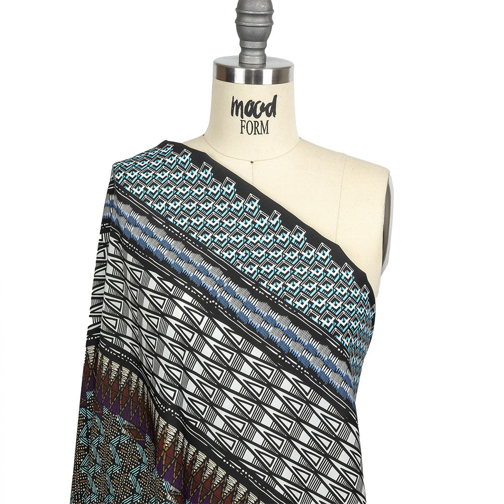 Fluid Polyester Twill Print - Blue and White Geometric Stripes - Mood Exclusive Hypatia Drape