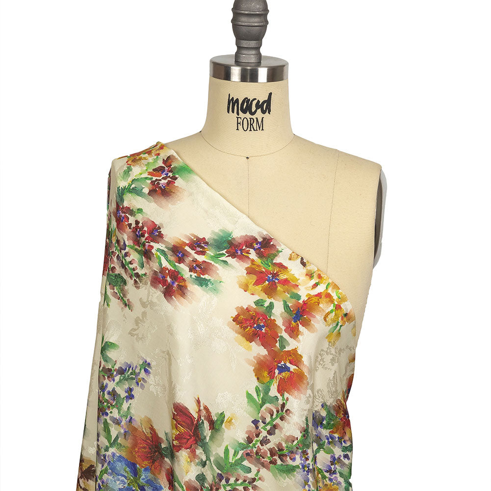 Flowery Sustainable Viscose Jacquard Print - Cream, Blue and Yellow Floral - Mood Exclusive Sunday in the Park Drape