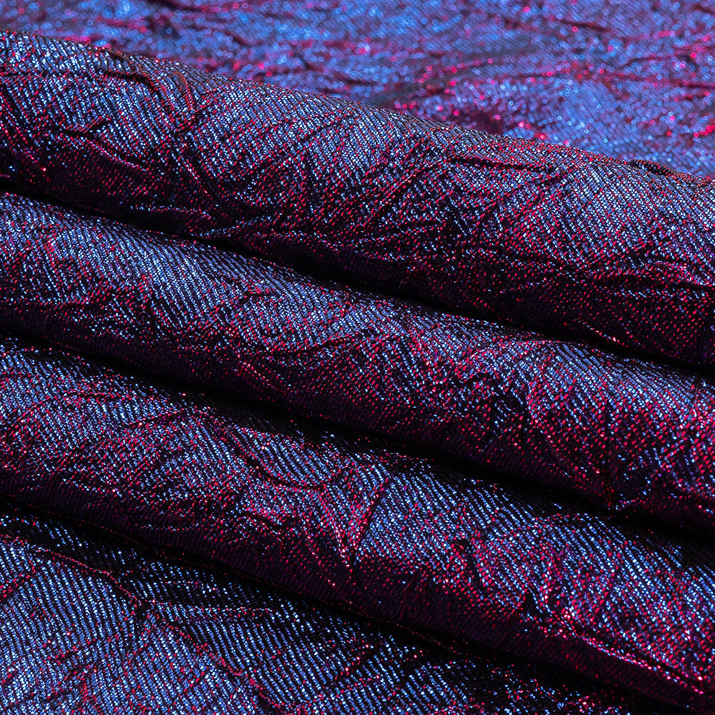 Astrolabe Metallic Berry Gloss and Ultramarine Crinkled Luxury Brocade with Black Backing - Folded
