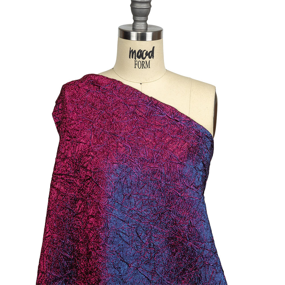 Astrolabe Metallic Berry Gloss and Ultramarine Crinkled Luxury Brocade with Black Backing - Drape