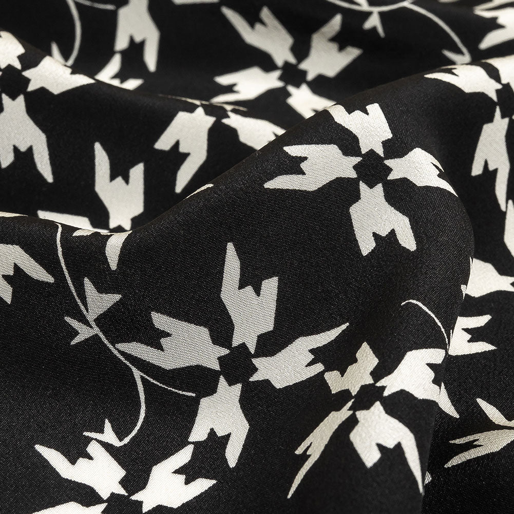 Tanya Taylor Black and White Geometric Floral Silk Crepe de Chine Folded