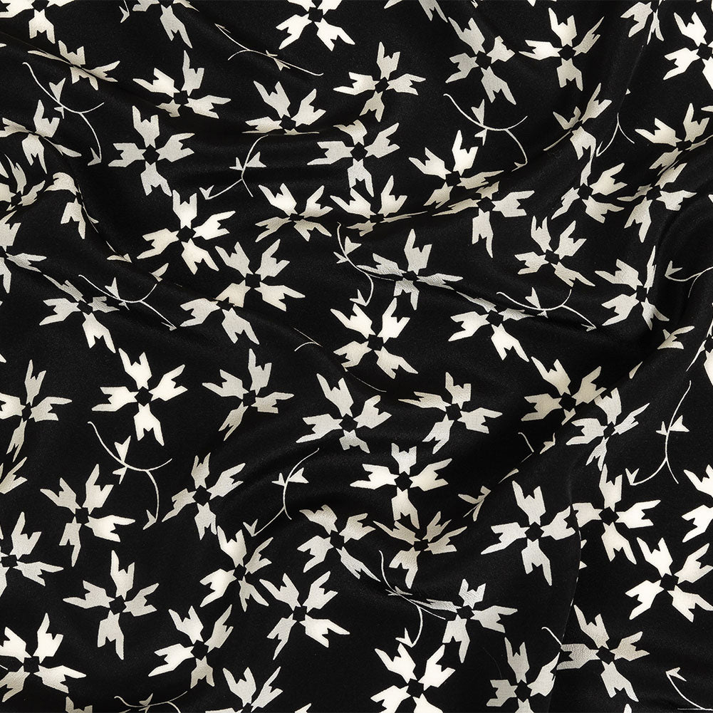 Tanya Taylor Black and White Geometric Floral Silk Crepe de Chine