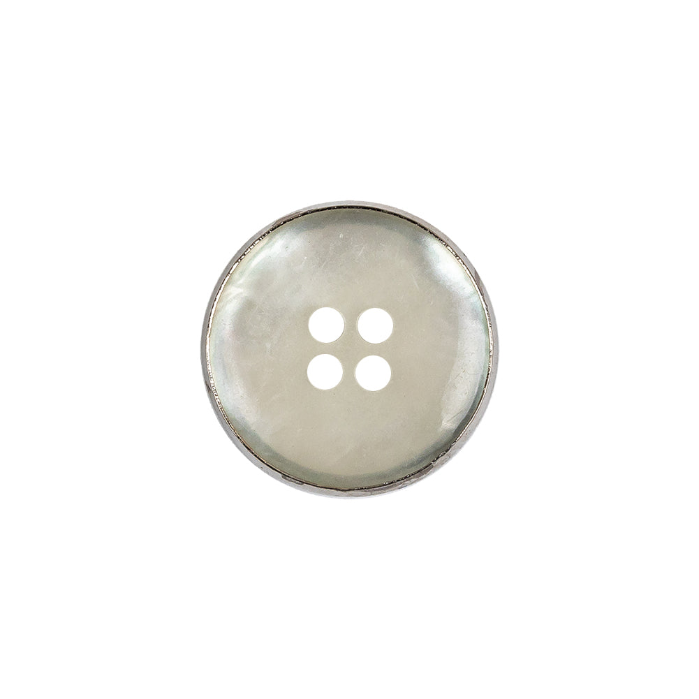 Italian Iridescent White 4 Hole Button with Silver Metal Rim - 28L/18mm Detail