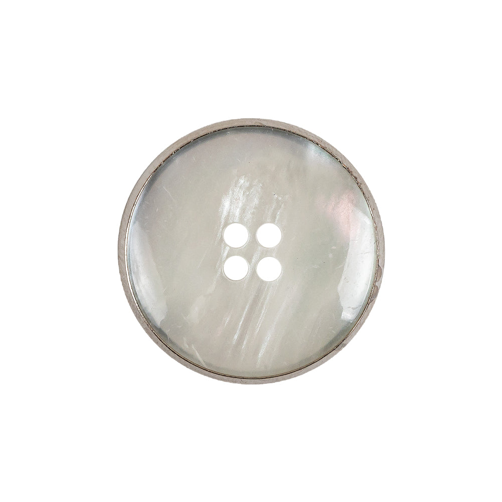 Italian Iridescent White 4 Hole Button with Silver Metal Rim - 36L/23mm Detail