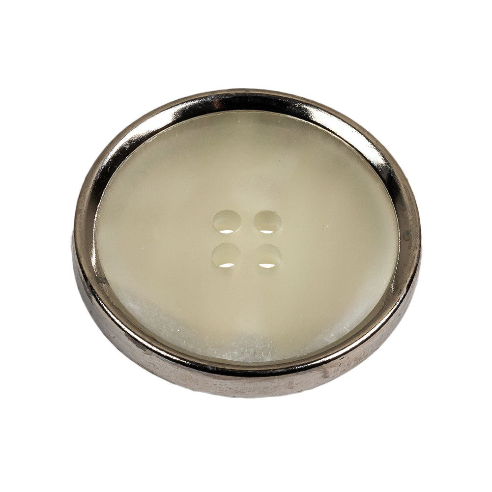 Italian Iridescent White 4 Hole Button with Silver Metal Rim - 44L/28mm Folded