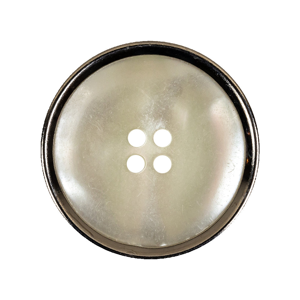 Italian Iridescent White 4 Hole Button with Silver Metal Rim - 44L/28mm