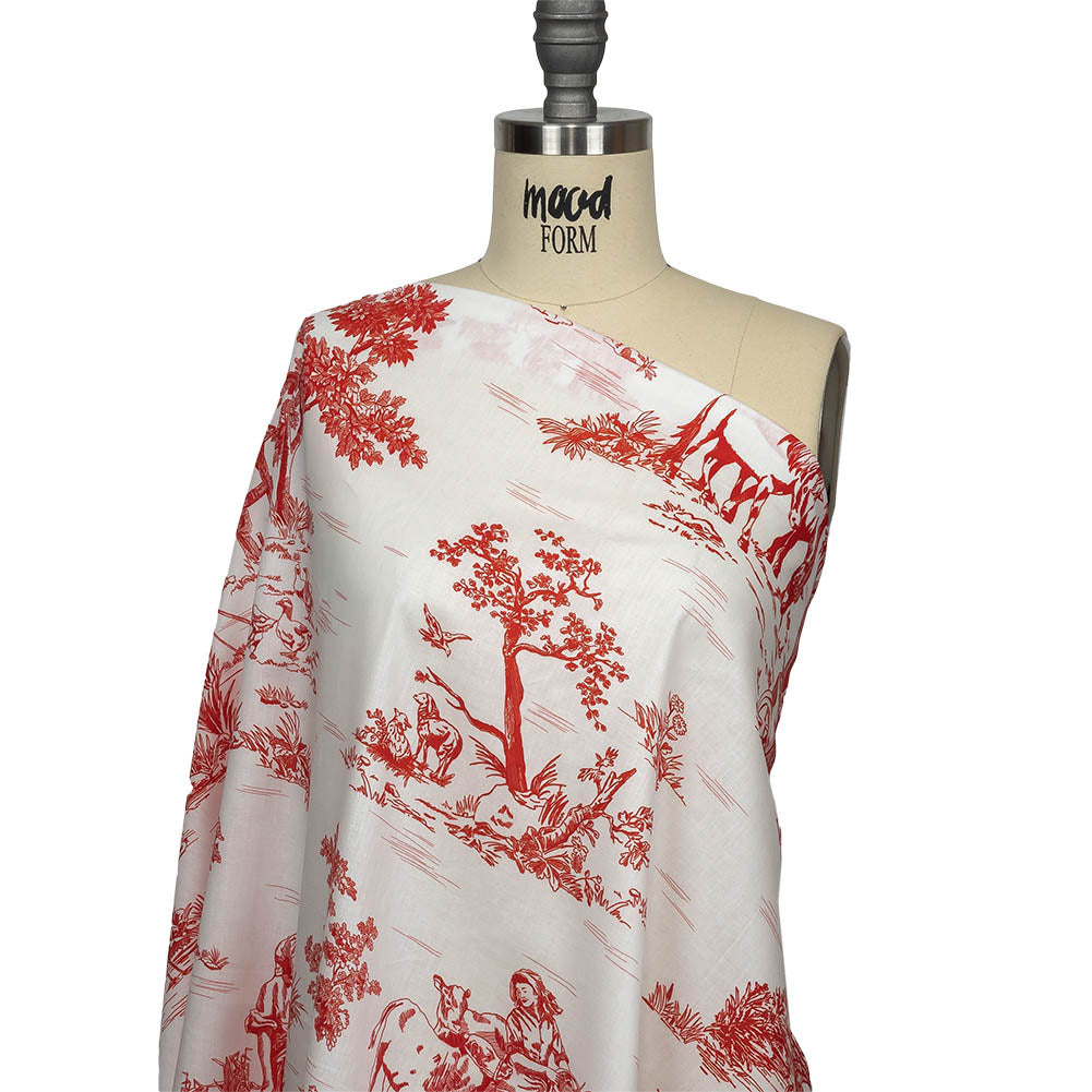 Cotton Voile - Cherry Tomato and White Classic Toile de Jouy