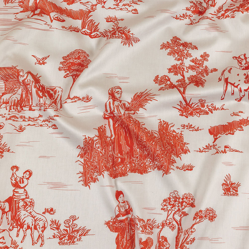 Cherry Tomato and White Classic Toile de Jouy Mercerized Organic Egyptian Cotton Shirting