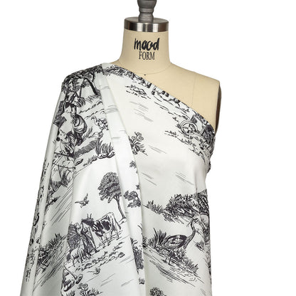 Black and White Classic Toile de Jouy Mercerized Organic Egyptian Cotton Shirting